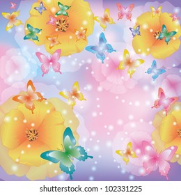 Summer background abstract with flowers california poppies and colorful butterflies. Beautiful glowing greeting or invitation card. Vector illustration