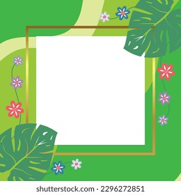 summer background of abstract shapes, wave patterns, flowers and leaves with free space for text. Template for banner, poster, social media, web, greeting card.