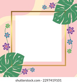 summer background of abstract shapes, wave patterns, flowers and leaves with free space for text. Template for banner, poster, social media, web, greeting card.