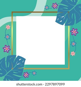 summer background of abstract shapes, wave patterns, flowers and leaves with free space for text. Template for banner, poster, social media, web, greeting card.