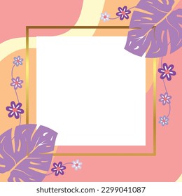 summer background of abstract shapes, wave patterns, flowers and leaves with free space for text. Template for banner, poster, social media, web, greeting card.