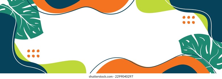 summer background of abstract shapes, waves and leaves pattern with free space for text. Template for banner, poster, social media, web.
