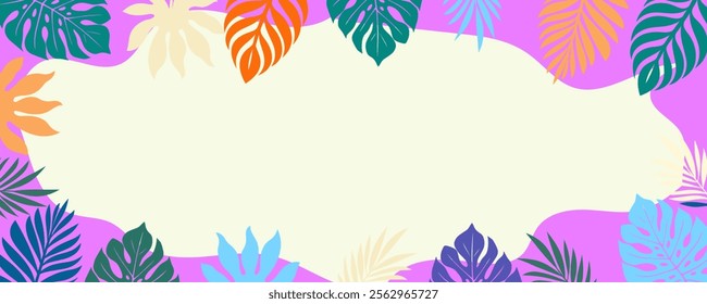 Summer background with abstract tropical plants. Vector banner with monstera leaves, palm trees, tropical colorful  flowers. 