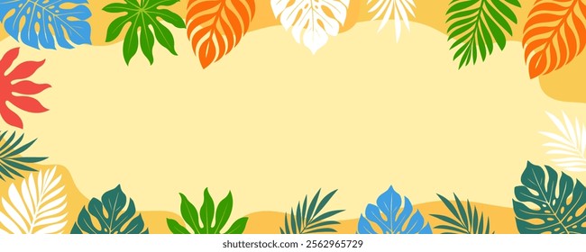 Summer background with abstract tropical plants. Vector banner with monstera leaves, palm trees, tropical colorful  flowers. 