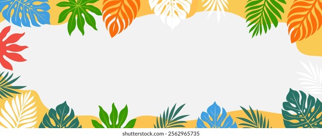 Summer background with abstract tropical plants. Vector banner with monstera leaves, palm trees, tropical colorful  flowers. 