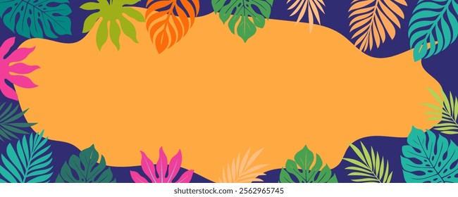 Summer background with abstract tropical plants. Vector banner with monstera leaves, palm trees, tropical colorful  flowers. 