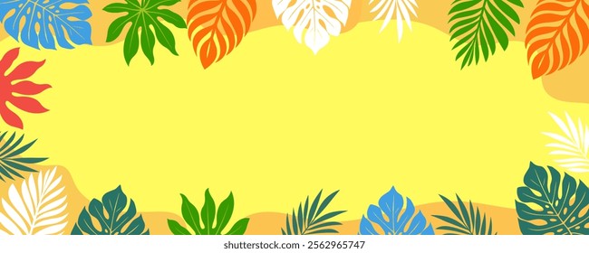 Summer background with abstract tropical plants. Vector banner with monstera leaves, palm trees, tropical colorful  flowers. 