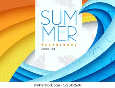 Summer background abstract vector design. Summer background text in white space with colorful sea water waves paper cut shape background for tropical season graphic style. Vector illustration