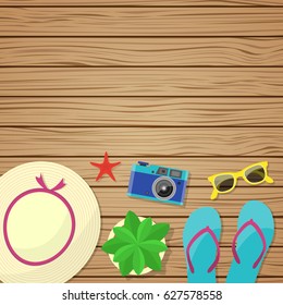 Summer background with accessories on a wooden table. Vector illustration.
