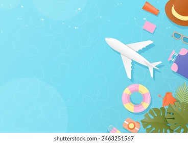 Fondo de verano. Avión, Elementos de diseño tropicales y de verano en un mar con espacio de copia.