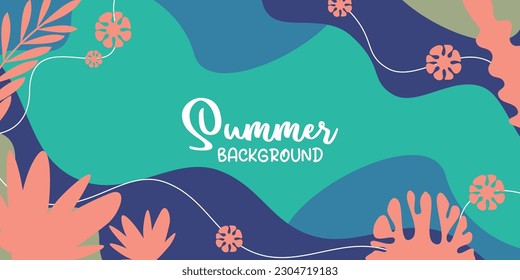 summer background of amazing shapes, wave patterns, leaves, flowers, herbs with free space for text. Template for banner, poster, social media, web.
