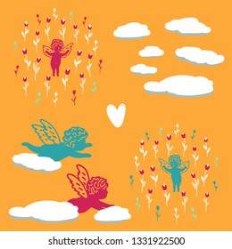 Summer background with angels in flowers