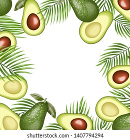 Summer background. Avocado frame. Fruits and Palm leaves isolated on white background. Avocado vector illustration.