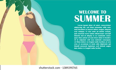 Summer background with back view of bikini young girl at tropical beach and palm paper cut style. poster, flyer, web template, banner, brochure, shopping, promo, advertising travel ticket promotion.