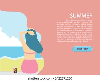 Summer background with back view of bikini young girl at beach and sea paper cut style. poster, flyer, web template, banner, brochure, shopping, promo, advertising travel ticket promotion.
