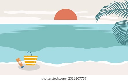 Summer background with bag, sea,sun.Vector summer banner