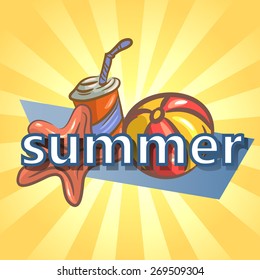 Summer background with ball, starfish and drink.