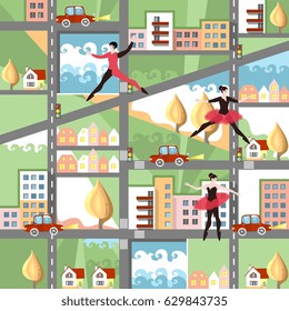 Summer background with ballet dancers in streets of abstract town. Unique vector design.