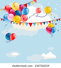 Summer background with balloons and flags on blue sky. Holiday cartoon illustration.