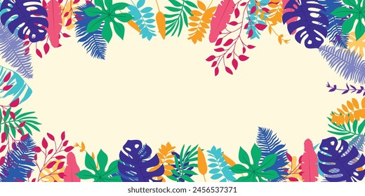 Summer background, banner, abstract ponorama with tropical leaves in a colorful design.