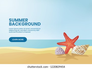 Summer background banner design with sea starfish and seashells on sand. Web banner design template for travel or tourism. Seashore scene with mollusk and shells. - Vector