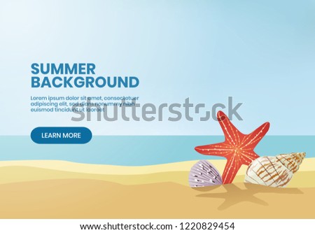 Summer background banner design with sea starfish and seashells on sand. Web banner design template for travel or tourism. Seashore scene with mollusk and shells. - Vector