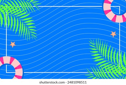 Sommerhintergrund Banner Design Vorlage mit Blaufarbe, Silhouette aus Palmblättern und Seestern Vektorillustration. Und Leerraum für Text