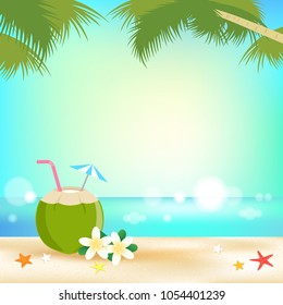 Summer background banner and frame with young coconut juice and sea elements