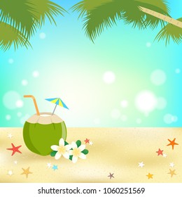 Summer background banner and frame with young coconut juice and sea elements