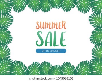 Summer background banner with green exotic palm leaves and tropical plants, background with copy space text. Vector illustration