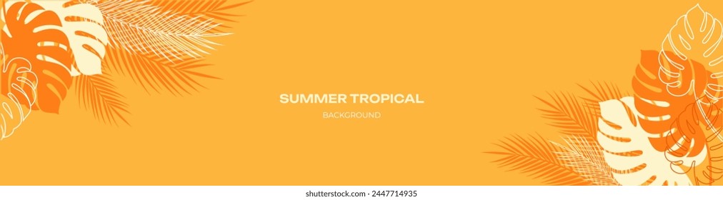 Summer background, banner with leaves of monstera, palm and other tropical plants. Vector illustration in warm orange and yellow colors