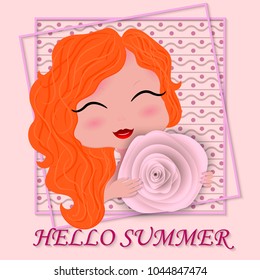 Summer background, banner, postcard. Cute girl with rose in her hands, 3d frame, and inscription Happy summer. Vector illustration.