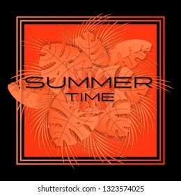 Summer background, banner, print. Palm leaves on coral and black background. 3D vector illustration for t shirt design. Paper cut out art style.