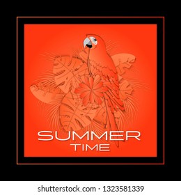 Summer background, banner, print. Palm leaves and parrot on coral and black background. 3D vector illustration for t shirt design. Paper cut out art style.