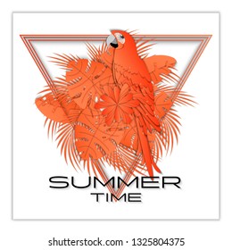 Summer background, banner, print. Palm leaves and parrot on white background. 3D vector illustration for t shirt design. Paper cut out art style.