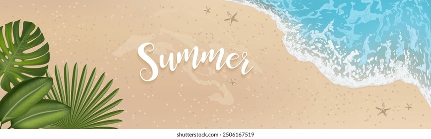 Summer background, banner with seashore, golden sand. Large inscription Summer with shadow. Beach background. Vector illustration in flat design style.