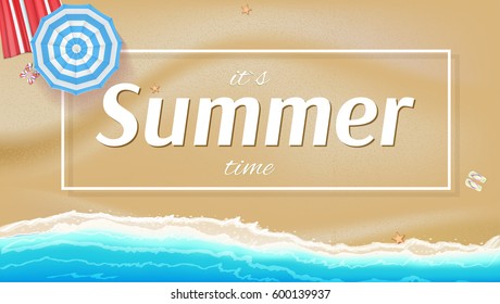 Summer background, banner with seashore, sun umbrellas, golden sands and beach Mat. Big inscription Summer into the white frame with shadow