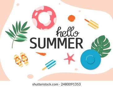 Summer background with beach accessories, flip flop, inflatable ring, hat, shell, starfish, palm leaf, ice cream. Scrapbooking, stickers, decals, cards. Vector illustration.