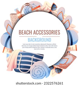 Summer background with beach accessories. Beach frame made of straw bag, hat and sunscreen. Beach holidays, holidays, summer time, sea vibe. Poster, flyer, card for summer sale