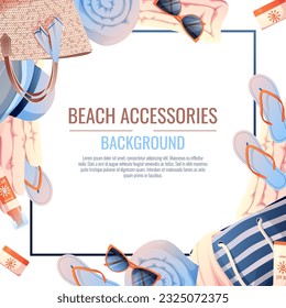 Sommerhintergrund mit Strandzubehör. Strandrahmen aus Strohtasche, Hut und Sonnenschutz. Strandurlaub, Ferien, Sommerzeit, Meerblick. Poster, Flyer, Karte für den Sommerverkauf