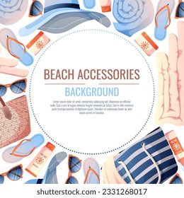 Summer background with beach accessories. Beach frame made of straw bag, hat and sunscreen. Beach holidays, holidays, summer time, sea vibe. Poster, flyer, card for summer sale