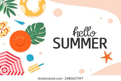 Summer background with beach accessories, umbrella, flip flop, inflatable ring, hat, shell, starfish, palm leaf, ice cream. Design for  for banner, greeting card, flyer, party. 