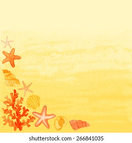 Summer background with beach accessories. Vector illustration. Global color used.