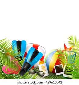 Summer background with beach ball, sunglasses, palm leaves, diving fins, flip-flops, safety circle and bucket on white background.