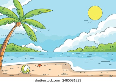 Fondo de verano, paisaje de dibujos animados de playa, Fondo de pantalla de verano