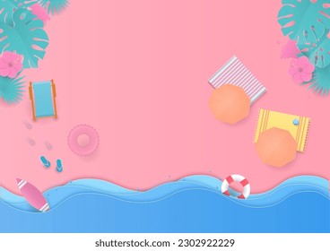 Summer background. The beach chair, umbrella, swim ring, and tropical trees on the beach with the sea wave on pink background. Paper art with flat lay design.
