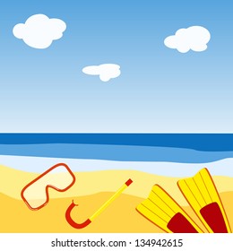 Summer background, beach diving accessories.