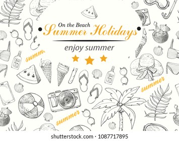 Summer background with beach elements. Vector illustration for your design