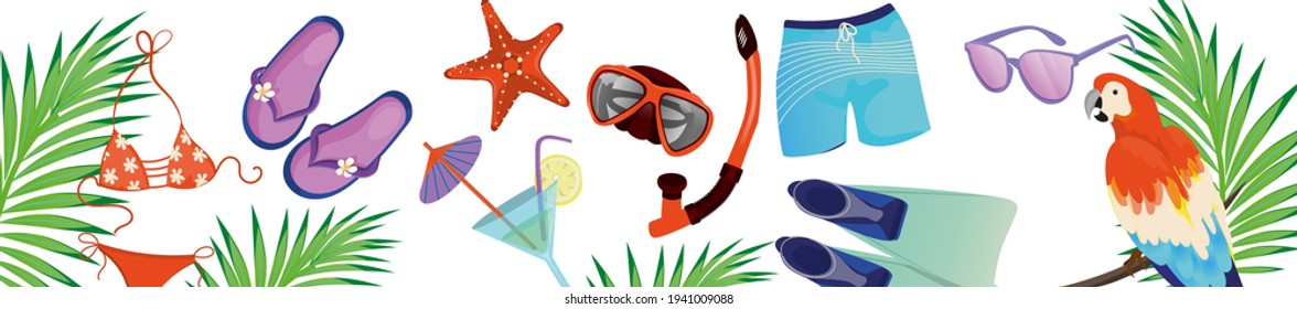 Summer background with beach objects. Border, a summer design element with tropical leaves, a parrot, a cartoon-style bikini.