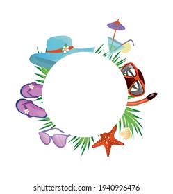 Summer background with beach objects. Beach set with palm leaves with a white circle inside, space for text. Layout, design element, space for text.